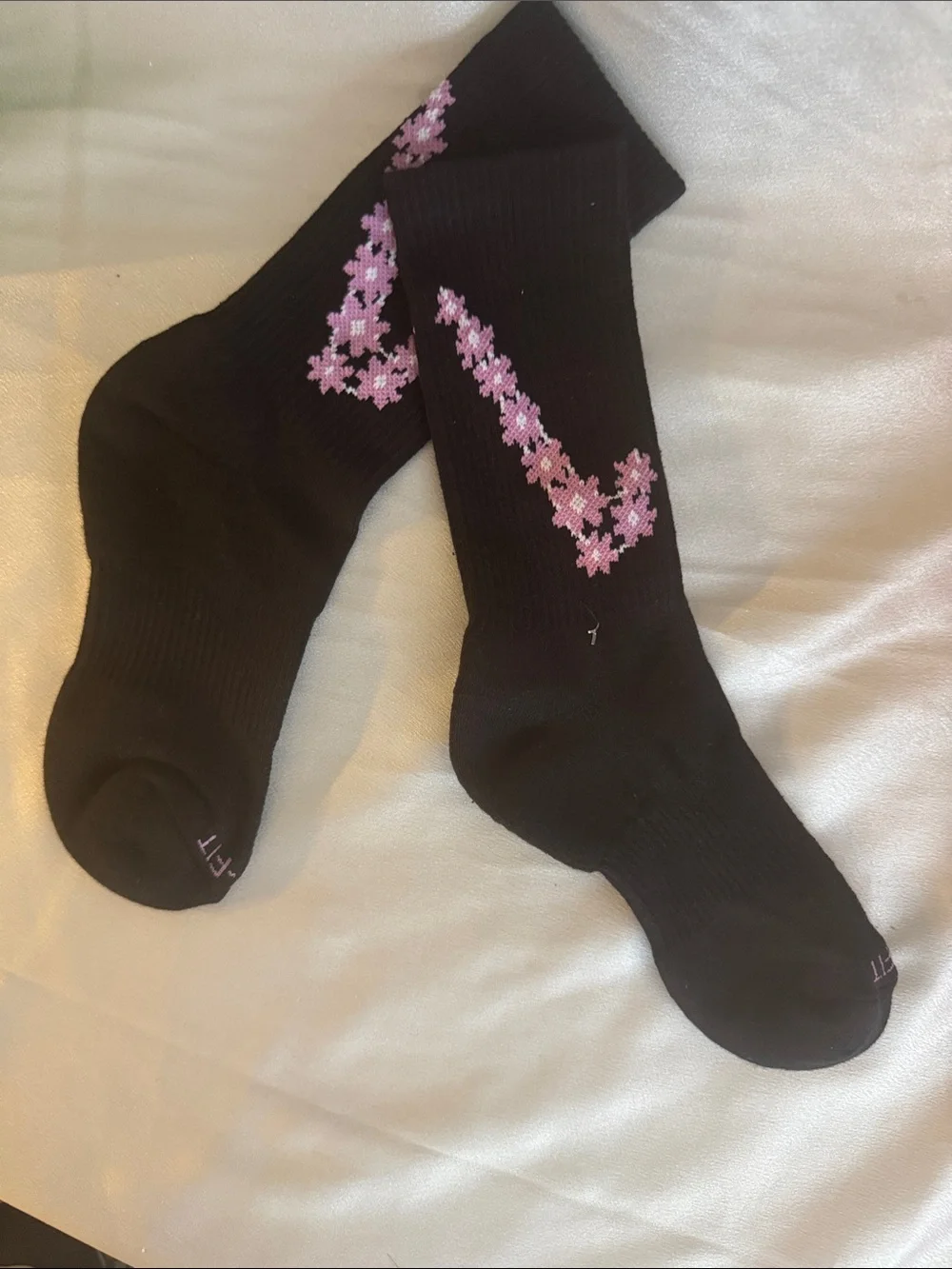 New! Nike Women’s Black Crew Sock with Pink Floral Swoosh